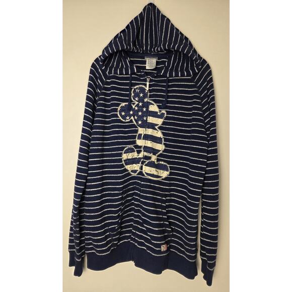 Disney Parks Hoodie Size L Mickey Mouse Blue Striped Zip Front Sweatshirt Jacket - Picture 1 of 8
